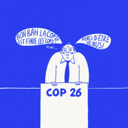 Case de bande dessinée humoristique sur le thème de la COP26, réalisée par Yollema pour le magazine URBANIA.