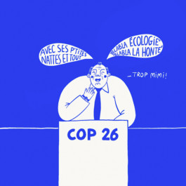Case de bande dessinée humoristique sur le thème de la COP26, réalisée par Yollema pour le magazine URBANIA.