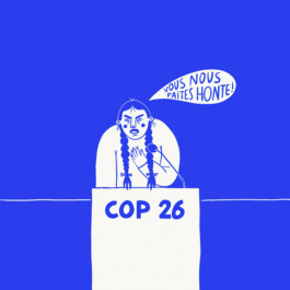 Case de bande dessinée humoristique sur le thème de la COP26, réalisée par Yollema pour le magazine URBANIA.