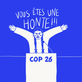 Case de bande dessinée humoristique sur le thème de la COP26, réalisée par Yollema pour le magazine URBANIA.