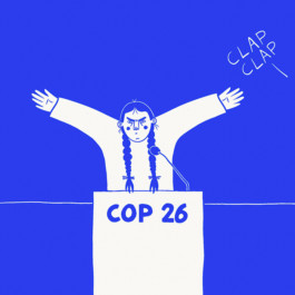 Case de bande dessinée humoristique sur le thème de la COP26, réalisée par Yollema pour le magazine URBANIA.