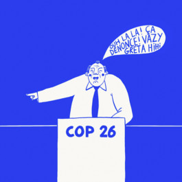 Case de bande dessinée humoristique sur le thème de la COP26, réalisée par Yollema pour le magazine URBANIA.