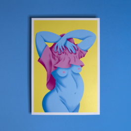 Illustration format A3 représentant une femme à la peau bleue, illustrée par Yollema. 