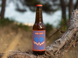 Bouteille de bière posée sur une branche, avec une étiquette colorée réalisée par Yollema. 