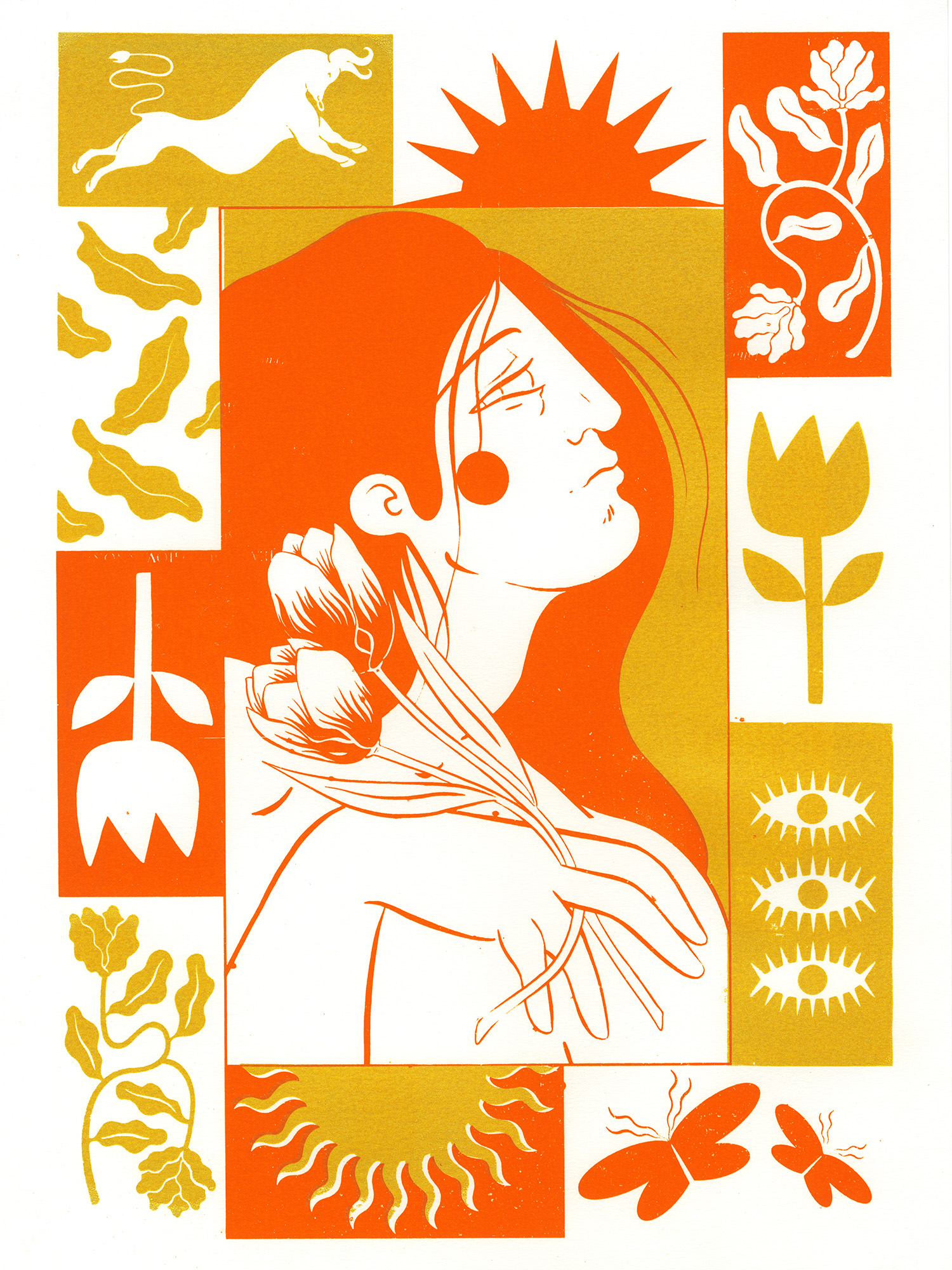 Sérigraphie portrait femme profil rouge et doré format A3 par Yollema