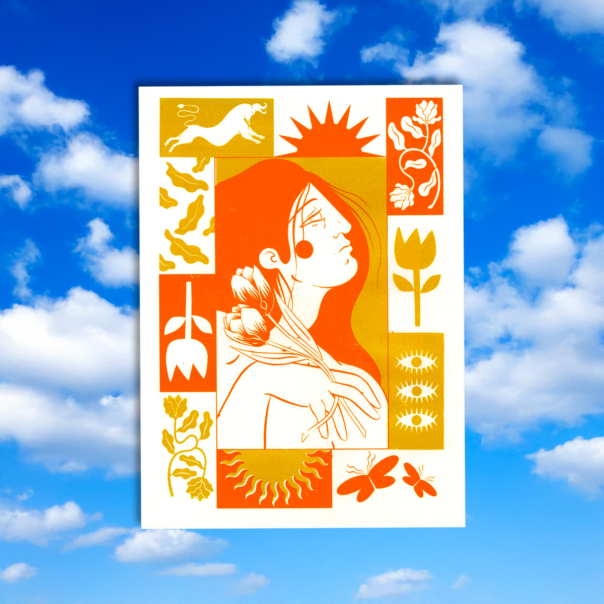 Sérigraphie portrait femme profil rouge et doré format A3 par Yollema