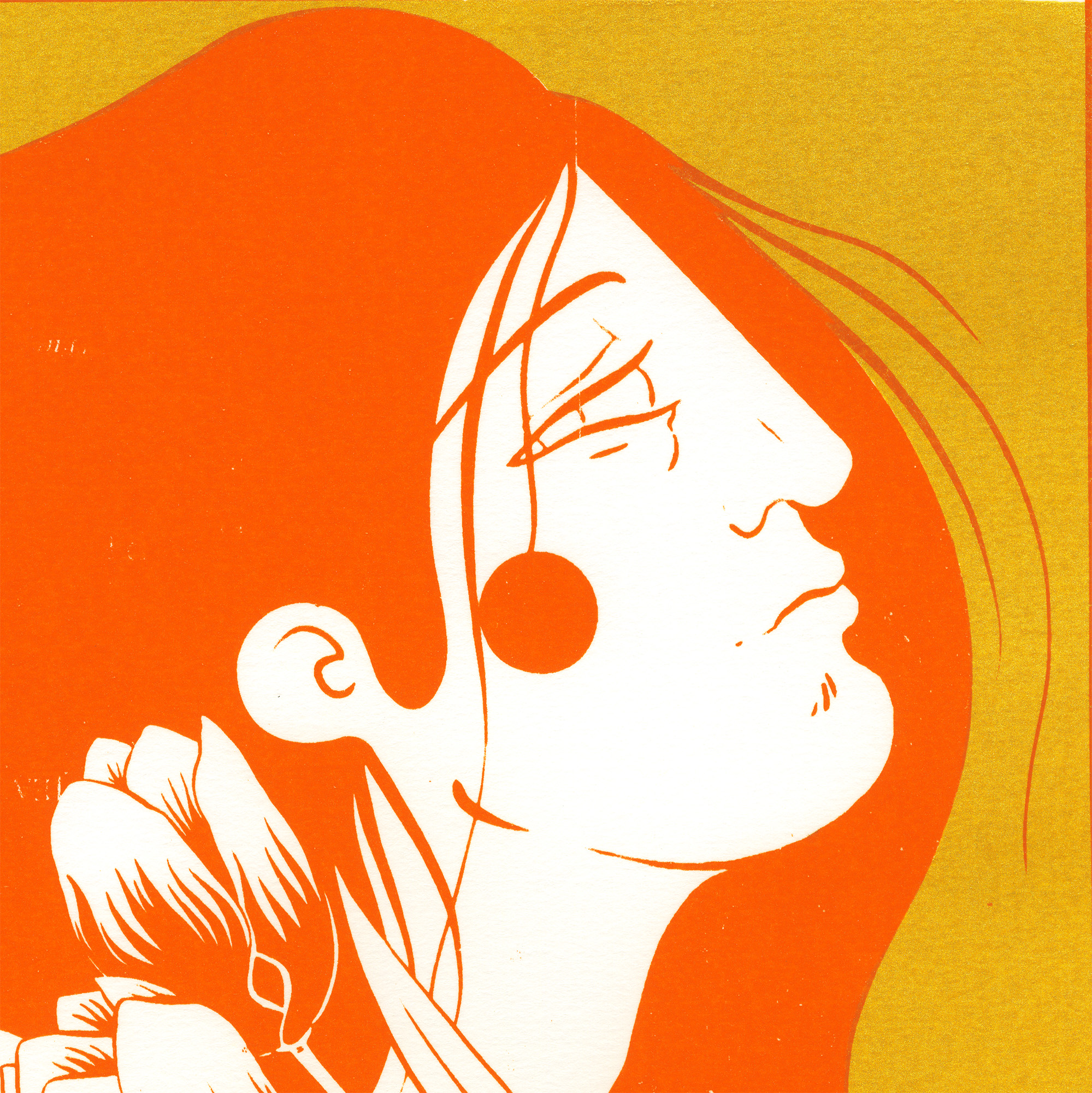 Détail de la sérigraphie visage femme profil rouge et doré format A3 par Yollema