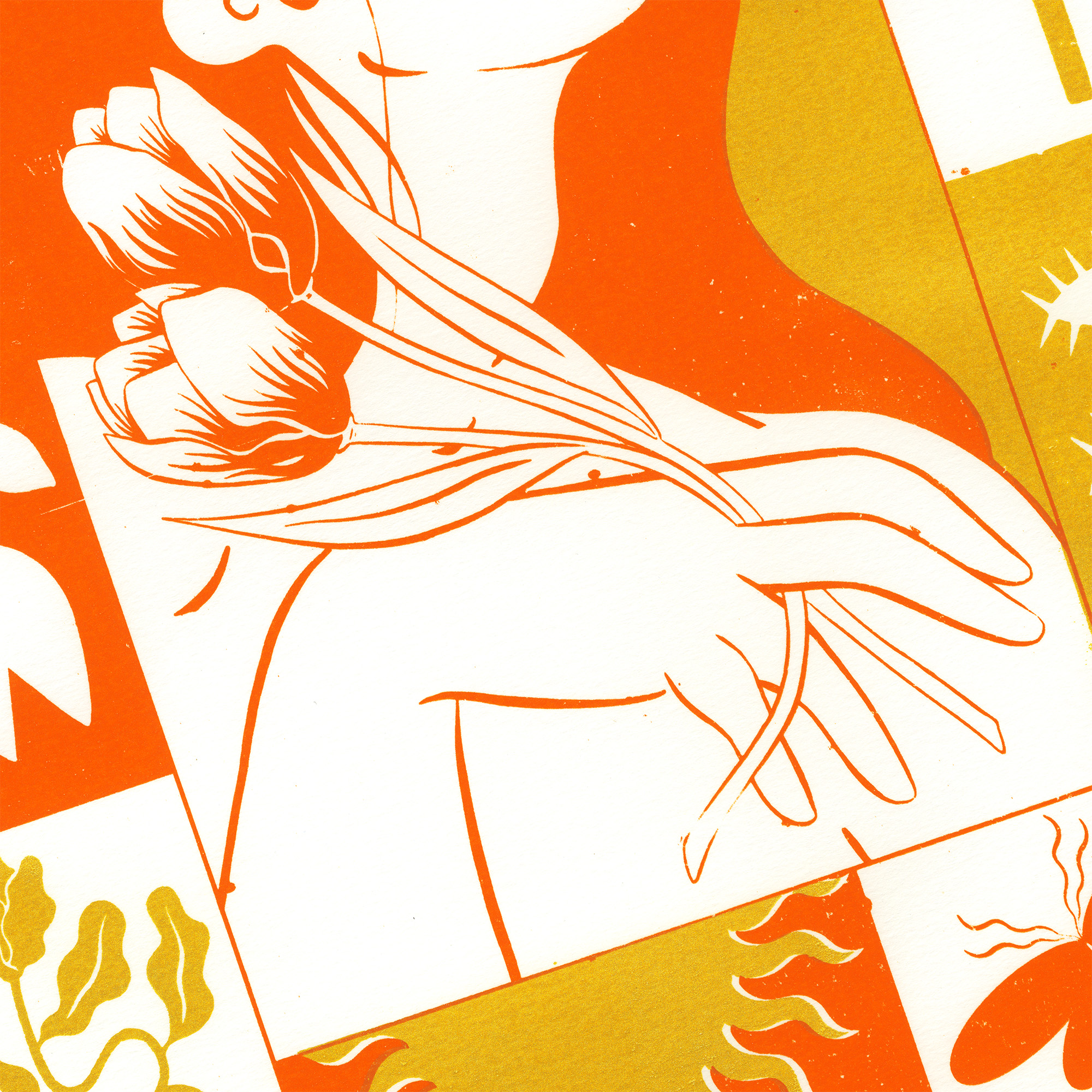 Détail de la sérigraphie femme profil rouge et doré format A3 par Yollema