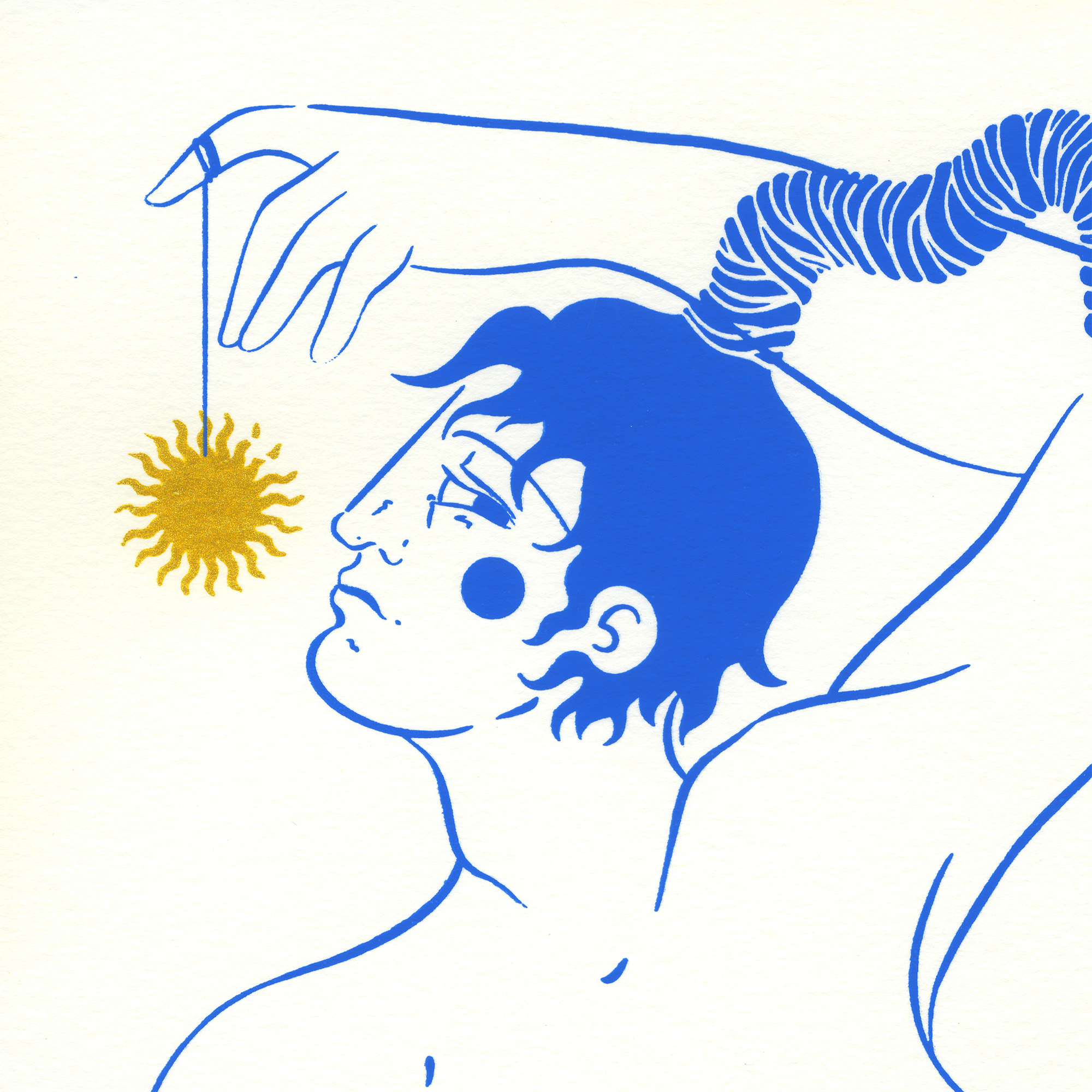 Détail de la sérigraphie visage femme profil bleu et doré format A3 par Yollema