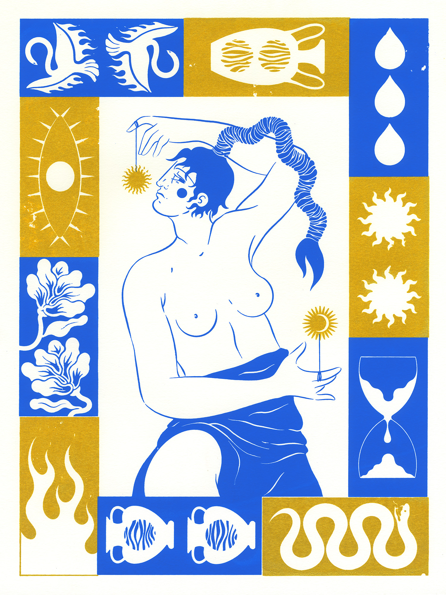 Sérigraphie femme profil bleu et doré avec des symboles format A3 par Yollema