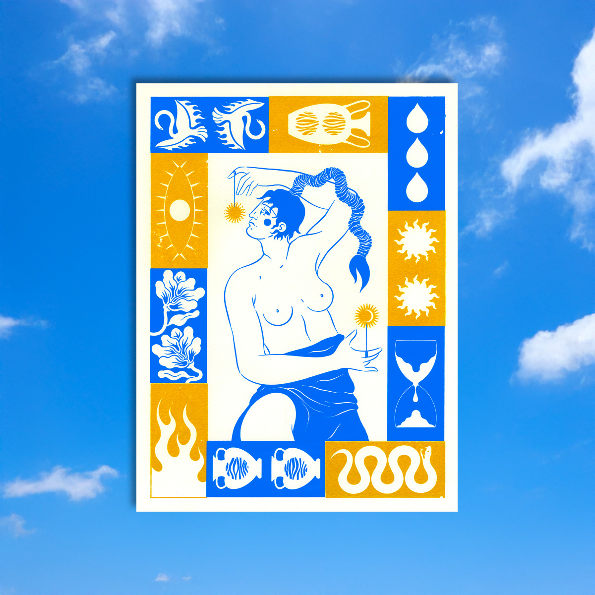 Sérigraphie portrait femme profil bleu et doré format A3 par Yollema