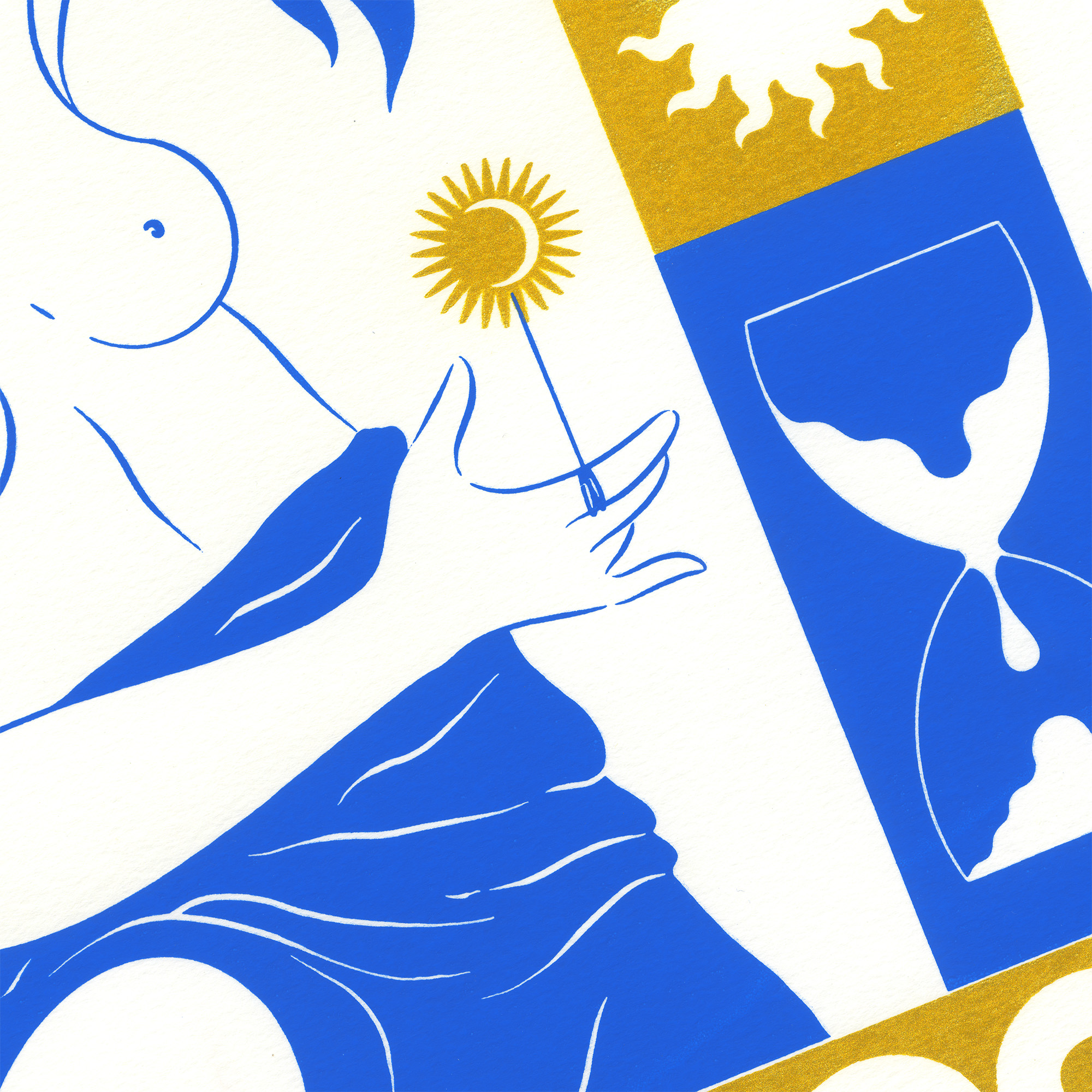 Détail de la sérigraphie femme profil bleu et doré format A3 par Yollema