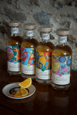 Quatre bouteilles de rhum alignées avec des étiquettes illustrées très colorées, et des tranches d'orange 