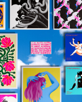 Carte de visite de l’illustratrice Yollema sur fond de ciel, entourée d’illustrations réalisées par Yollema