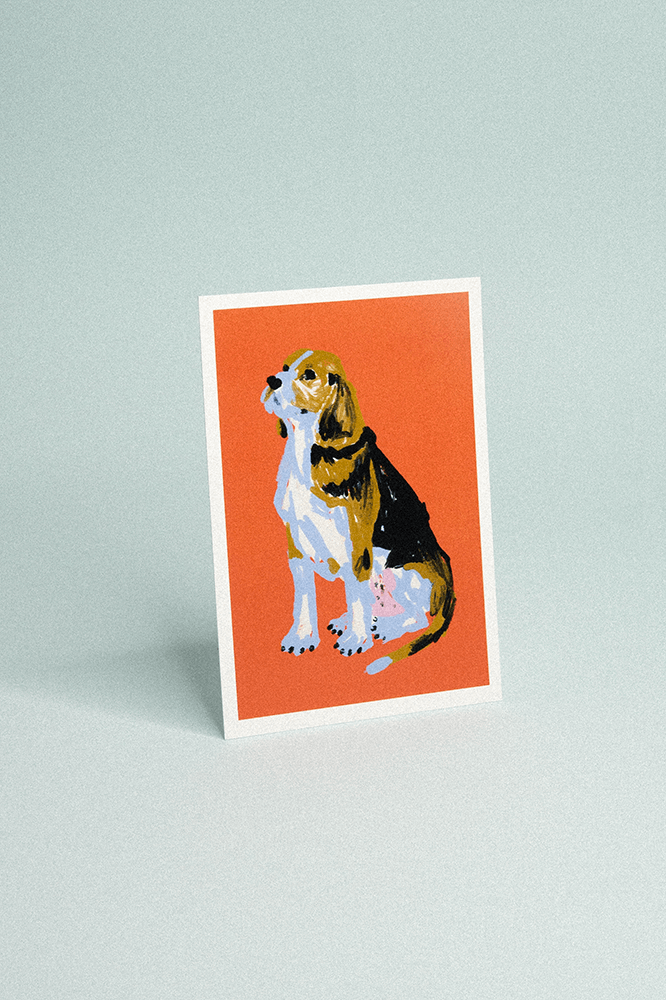 Carte postale fond rouge illustrée d’un beagle assis.
