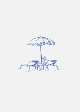 Illustration au crayon cobalt, deux chaises longues avec un enfant assis de dos, un parasol au milieu. 
