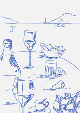 Illustration au crayon cobalt, une table de près avec une bouteille ouverte, des verre, une corbeille de pain et un verre, la plage au loin. 