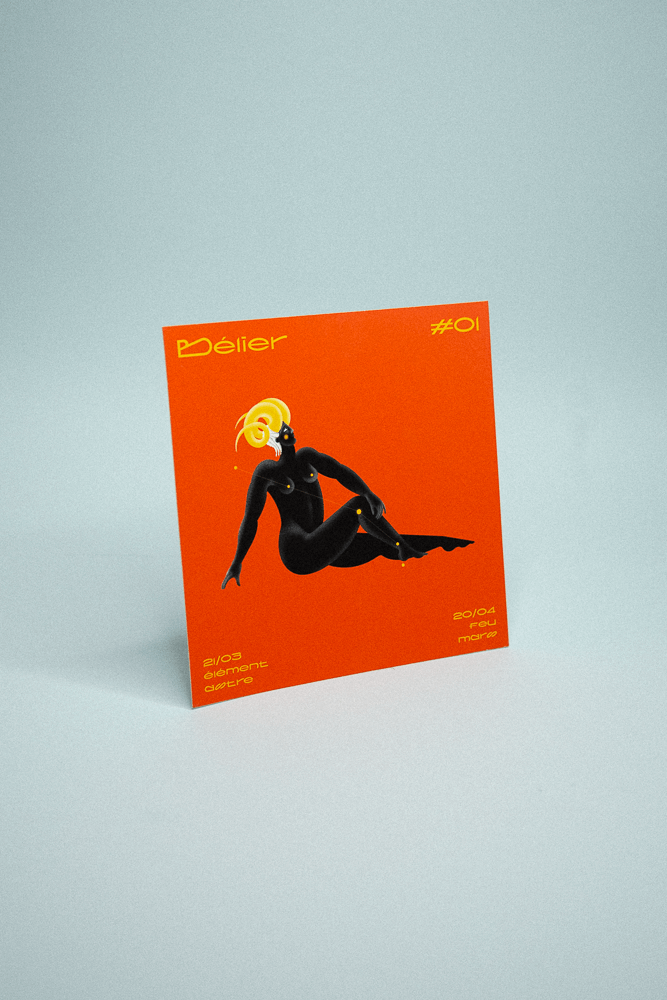 Illustration du signe astrologique Bélier sur fond rouge vif représentant un personnage avec des cornes jeune assis.