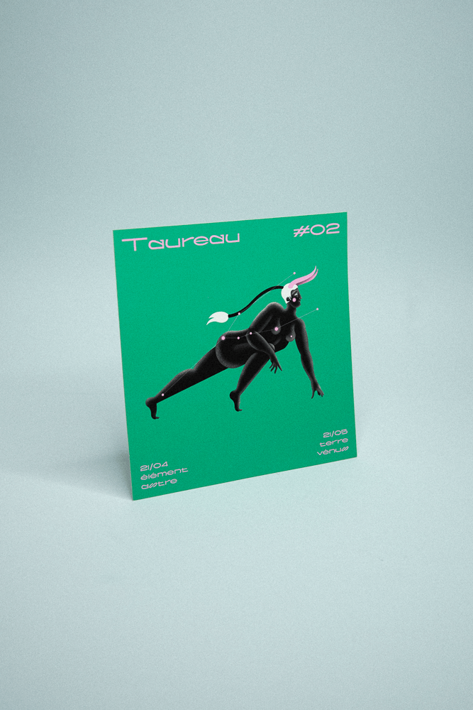 Illustration du signe astrologique Taureau sur fond vert représentant un personnage avec des cornes rose dans un style contrasté.