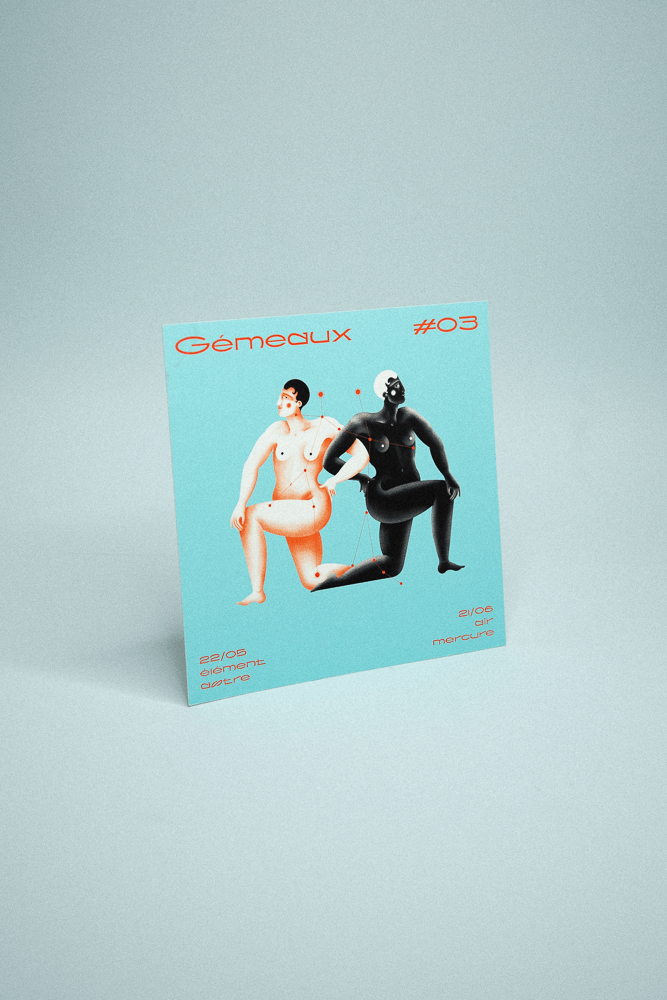 Illustration du signe du zodiac Gémeaux sur fond bleu ciel représentant deux personnages un genou à terre qui se tiennent par le bras.