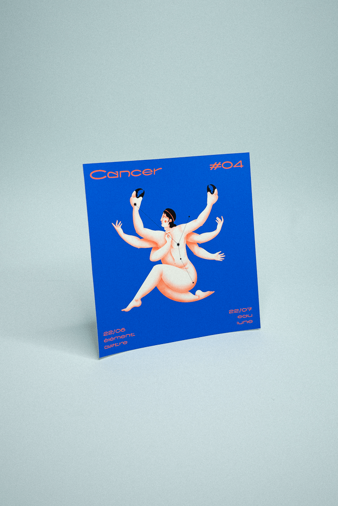 Illustration du signe astrologique Cancer sur fond bleu foncé représentant un personnage avec 6 bras levés en l'air.