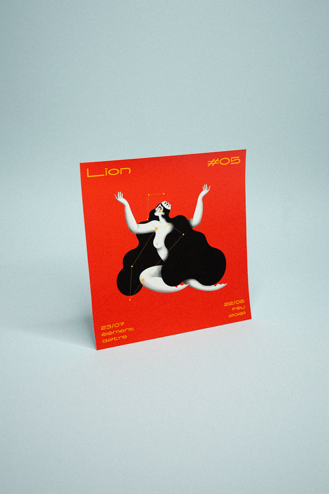 Illustration du signe astrologique Lion sur fond rouge vif représentant un une femme avec de longs cheveux levant les bras en l'air.