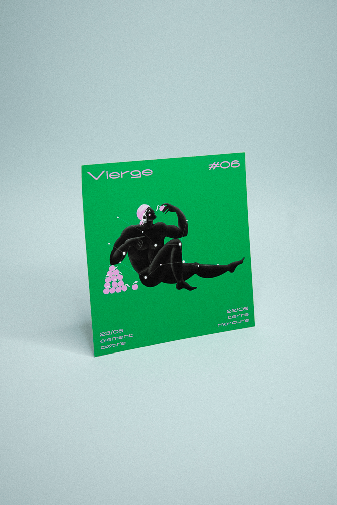 Illustration du signe du zodiac Vierge sur fond vert représentant un personnage allongé qui croque une pomme rose.