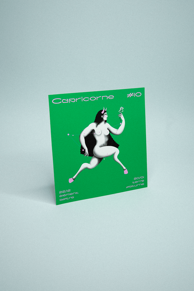 Illustration du signe astrologique Capricorne sur fond vert représentant un personnage avec des cornes et des sabots qui tient une fleur.