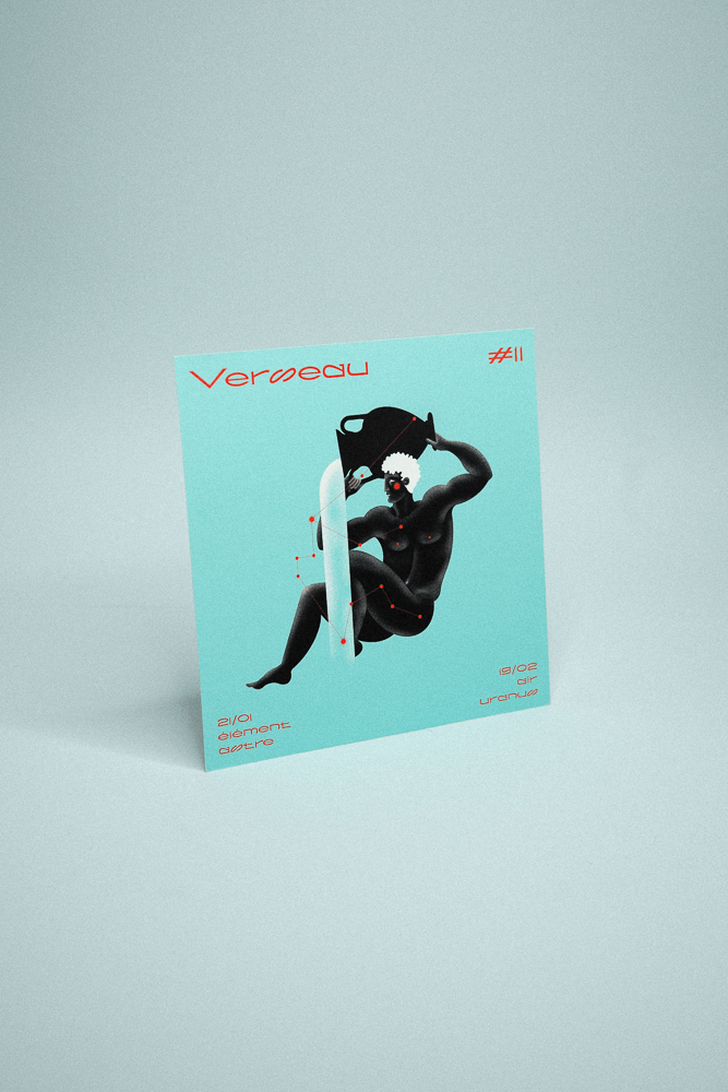 Illustration du signe du zodiac Verseau, de couleur turquoise représentant un personnage qui verse de l'eau.