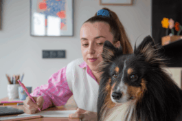 Illustratrice dans son atelier à Nantes, travaillant à son bureau avec son chien